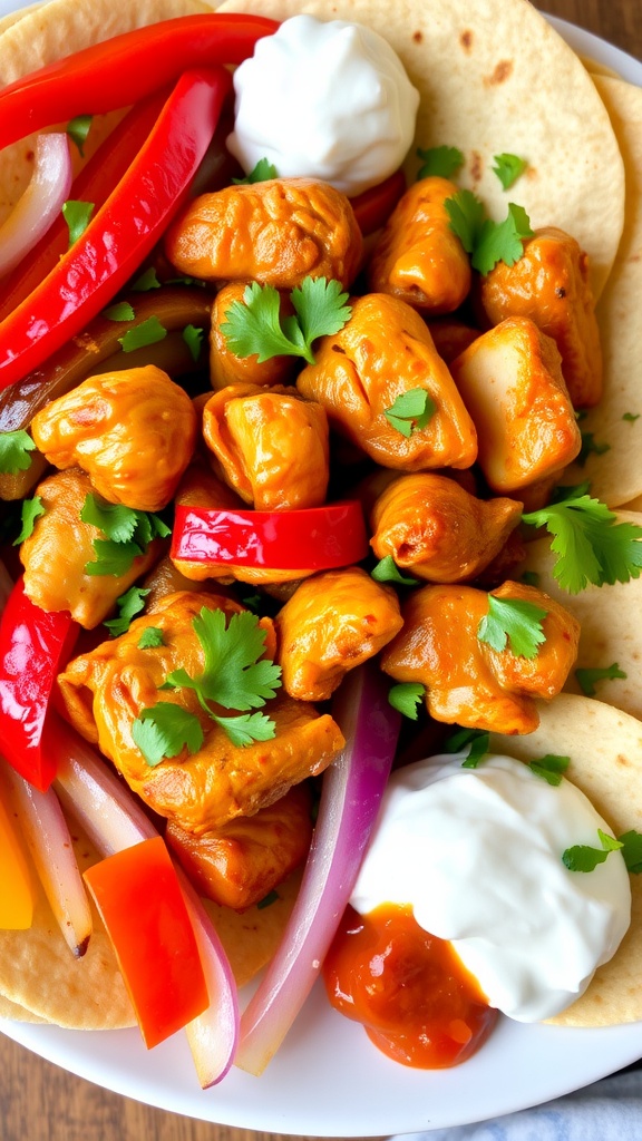 Quick and Affordable One-Pan Chicken Fajitas A plate of chicken fajitas with bell peppers and onions, garnished with cilantro and served with tortillas.